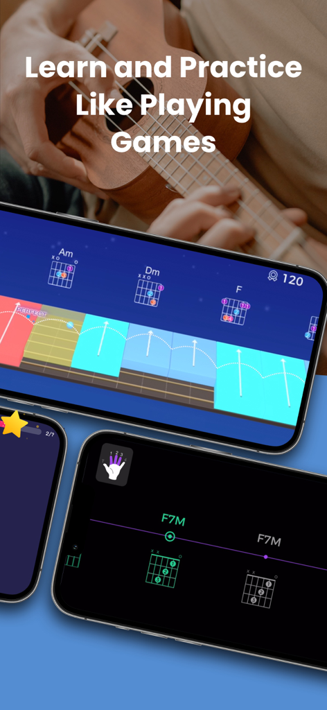 OKMusician: Guitar & Ukulele - OKMusician app interface showing gamified guitar and ukulele practice with real-time feedback and chord diagrams.