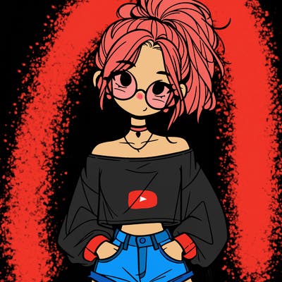 girl with a messy ponytail glasses a baggy crop top and jean shorts