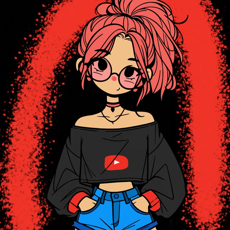 girl with a messy ponytail glasses a baggy crop top and jean shorts