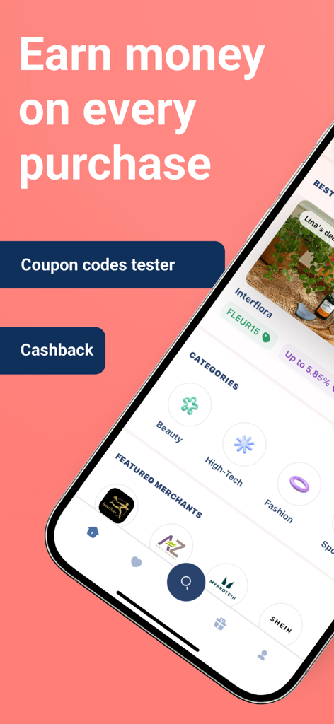 Wanteeed | Cashback & Coupons - Interface de l'application Wanteeed montrant le testeur de coupons et les catégories de cashback pour le shopping en ligne
