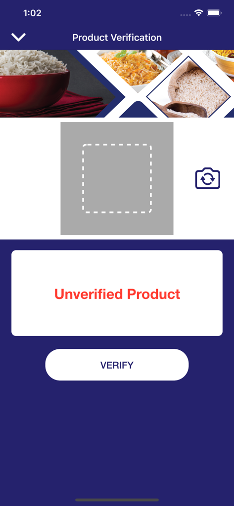 Mahmood Rice - Interfaz de la app móvil Mahmood Rice para verificar la autenticidad del producto