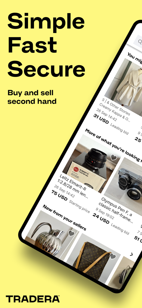 Tradera – buy & sell - Tradera 모바일 앱 인터페이스에 판매용 빈티지 카메라와 패션 아이템 표시