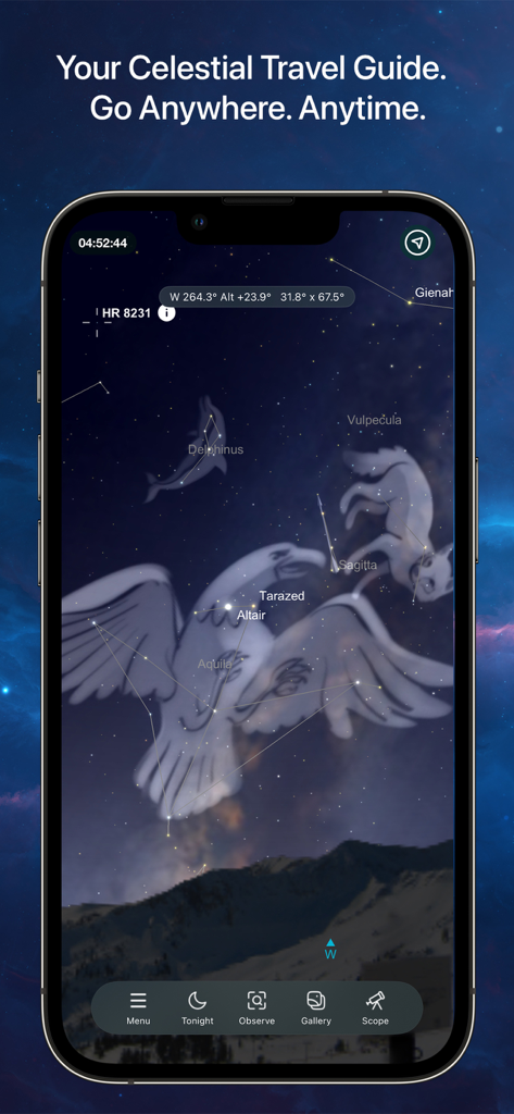 SkySafari 8 Plus - SkySafari 8 Plus app interface showing interactive star chart with constellation illustrations and celestial coordinates
