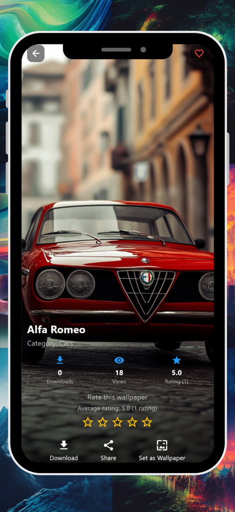 Wallpaper 4K & HD Backgrounds - Una captura de pantalla de la aplicación Fondos de pantalla 4K y HD que muestra un fondo de pantalla de un coche Alfa Romeo clásico rojo en la pantalla de un iPhone