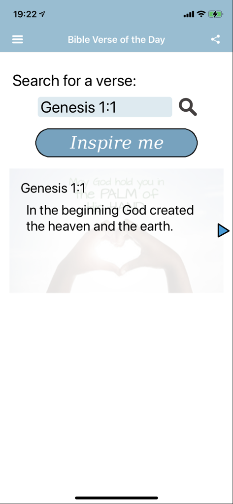 오늘의 성경 구절 앱의 검색 화면으로 창세기 1:1과 함께 마음을 사로잡는 버튼이 표시됩니다.