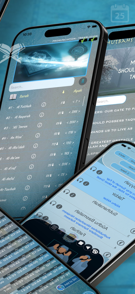 Qibla Finder, Qibla Compass AR - Screenshots of the iQibla app showing the Quran surah list, prayer teaching guide, and daily prayer times on iPhone screens.