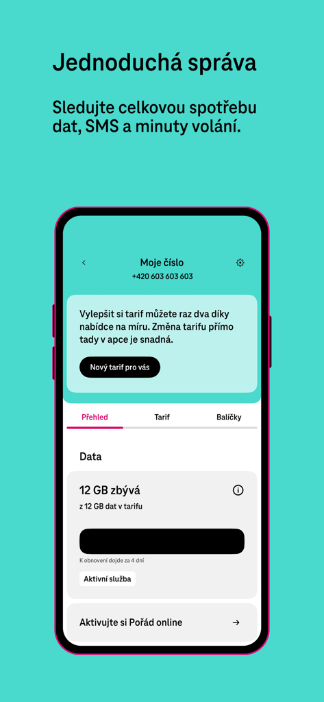 Captura de pantalla de la app Muj T-Mobile que muestra el uso de datos móviles y las opciones de gestión del plan
