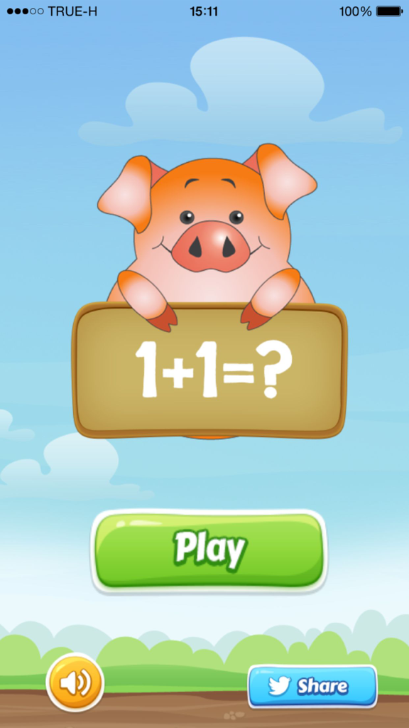 Kids math games - Start screen of Kids Math Games app featuring a cartoon pig holding a sign with a simple addition problem and a play button