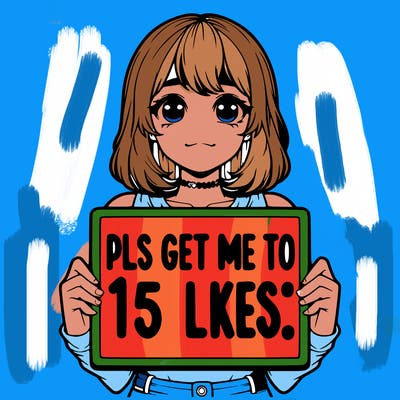 realistic girl holding up a sign that says “pls get me to 15 likes!”