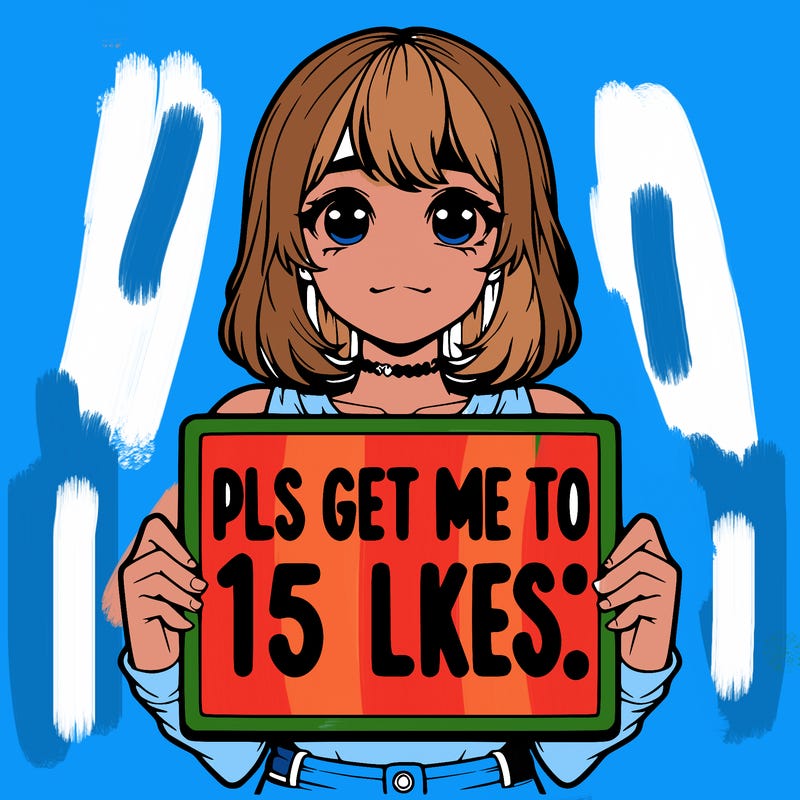 realistic girl holding up a sign that says “pls get me to 15 likes!”