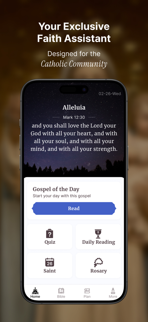 Oremus - Catholic Bible&Prayer - Home screen of the Oremus Catholic Bible and Prayer app featuring daily Gospel reflections and liturgical tools