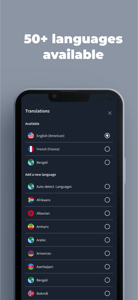 Trint - A mobile screen showing the Trint app interface for selecting from over 50 transcription and translation languages.