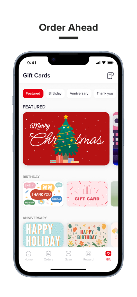 Wallace Chicken - Pantalla de selección de tarjetas de regalo digitales de la aplicación móvil Wallace Chicken con temas navideños y de cumpleaños.