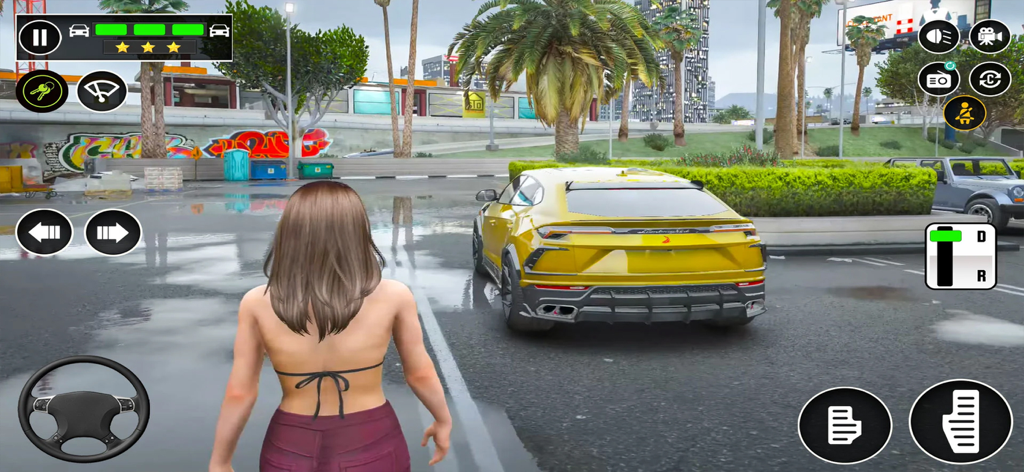 Third person view of a character and a yellow SUV in a 3D driving school game.