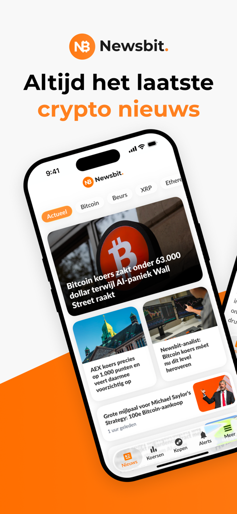 Newsbit: Crypto Nieuws - Smartphone mostrando la interfaz de la aplicación de noticias de criptomonedas Newsbit con los últimos titulares de criptomonedas en holandés