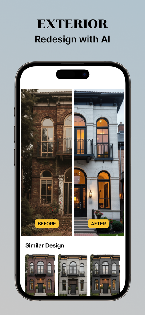 AI Home Decor: Interior Design - Una interfaz de aplicación móvil que muestra una comparación de antes y después de un exterior de casa rediseñado con IA