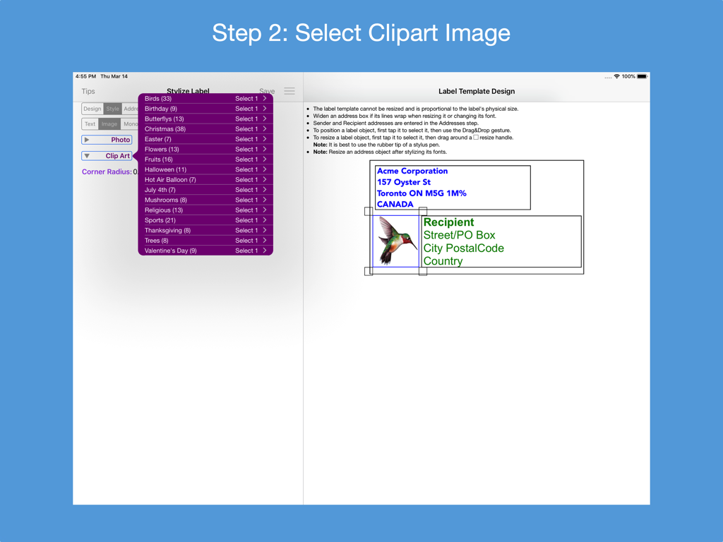 iPad app interface showing clipart selection for custom address label design with a hummingbird illustration