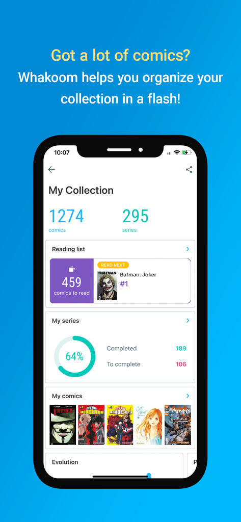 Whakoom: Organize Your Comics! - The My Collection screen in the Whakoom app showing comic statistics and reading lists