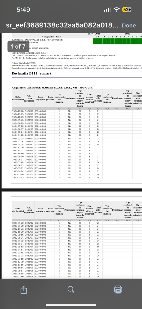 Detailed summary of a Romanian D112 tax declaration shown in the ScoreRise app