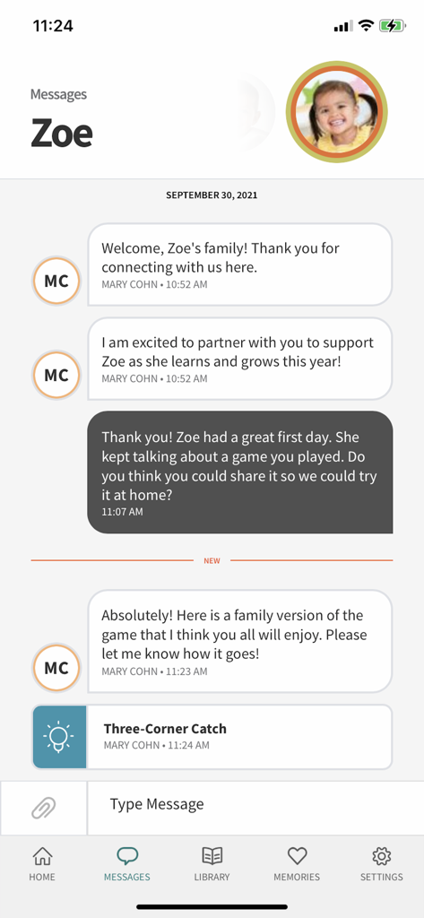 Teaching Strategies Family app messaging interface showing a chat between a teacher and a parent