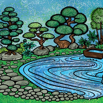 a serene zen garden with raked gravel, bonsai trees, and tranquil ponds