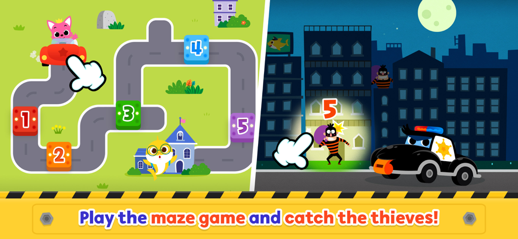Split screen of Baby Shark Car Town showing a number maze game and a police car catching a thief
