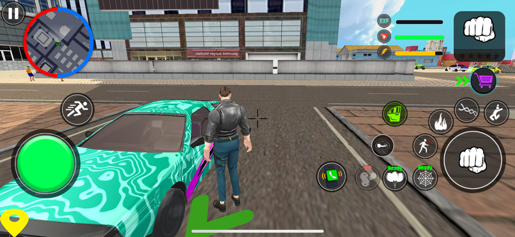 Gameplay of Gangster Crime Thug War showing a character standing next to a teal sports car in an open world city environment