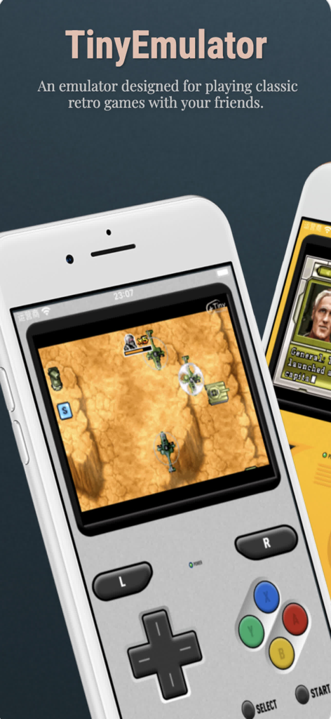 TinyEmulator - TinyEmulator app showing a retro arcade game on an iPhone with a classic virtual controller skin.