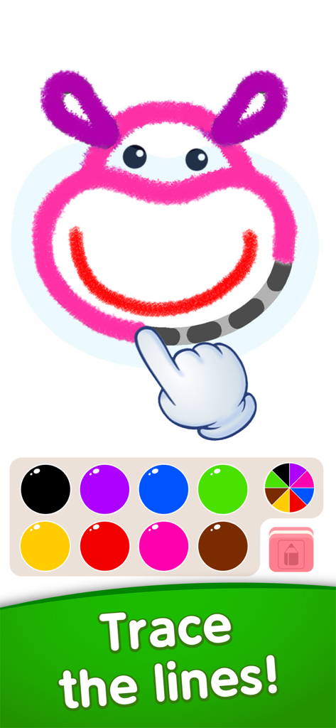 Una mano de dibujos animados trazando líneas para completar un personaje en una aplicación de dibujo para niños