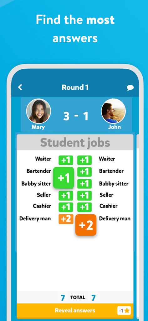 Fight List mobile app gameplay showing two players competing in the student jobs category
