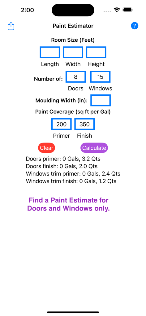 Interface of the Room Paint Estimator app showing input fields for room dimensions and paint calculations for doors and windows.