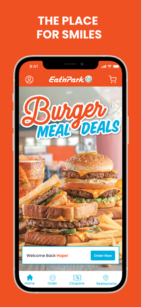 Eat n Park mobile app home screen featuring burger meal deals and an order button