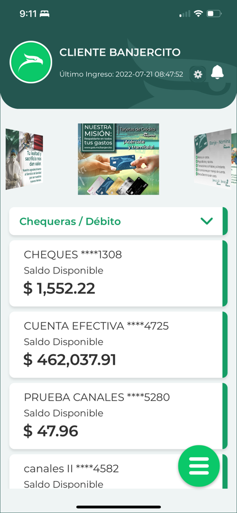BanjeCel - BanjeCel mobile banking dashboard showing checking and debit account balances for a Banjercito client.