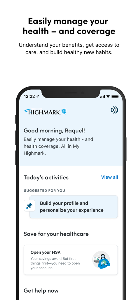 My Highmark App - My Highmark App home screen showing personalized health insurance benefits and wellness activities on an iPhone.