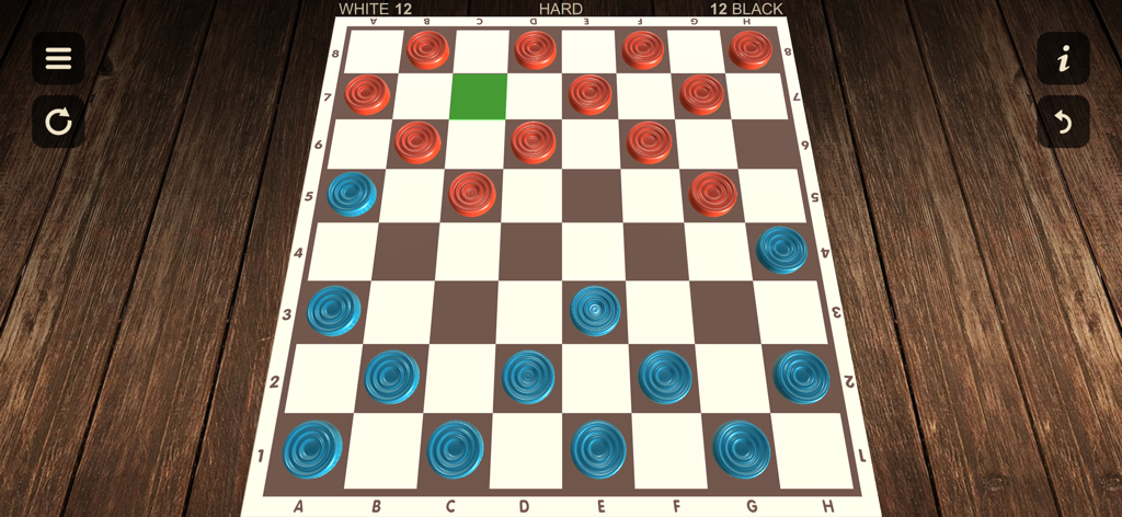 A realistic 3D checkers board with blue and red pieces on a dark wooden background