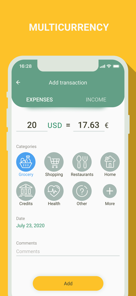 Mobile app screen showing a multicurrency expense entry with USD to EUR conversion