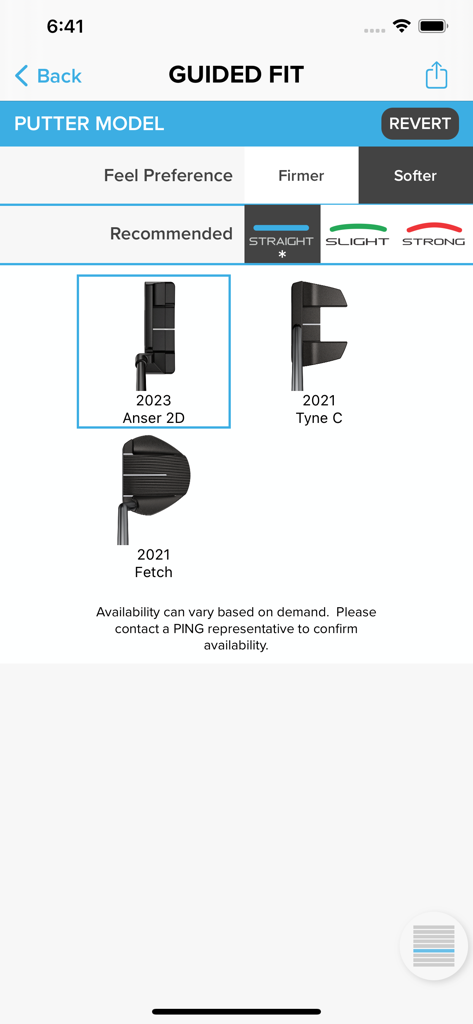 iPING 2.0 app screenshot showing recommended putter models and feel preferences in Guided Fit mode