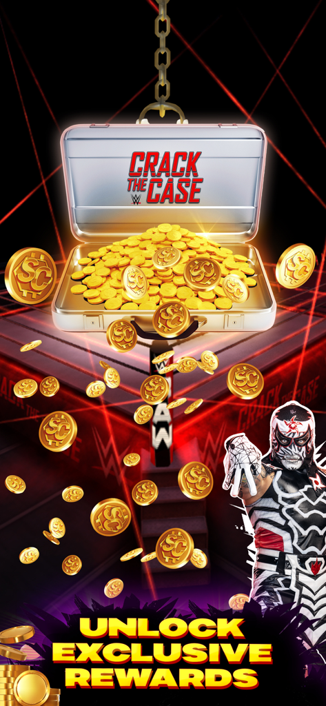 WWE SuperCard - Wrestling Game - Le mini-jeu WWE SuperCard Crack the Case montre une mallette argentée remplie de pièces d'or et un catcheur masqué.
