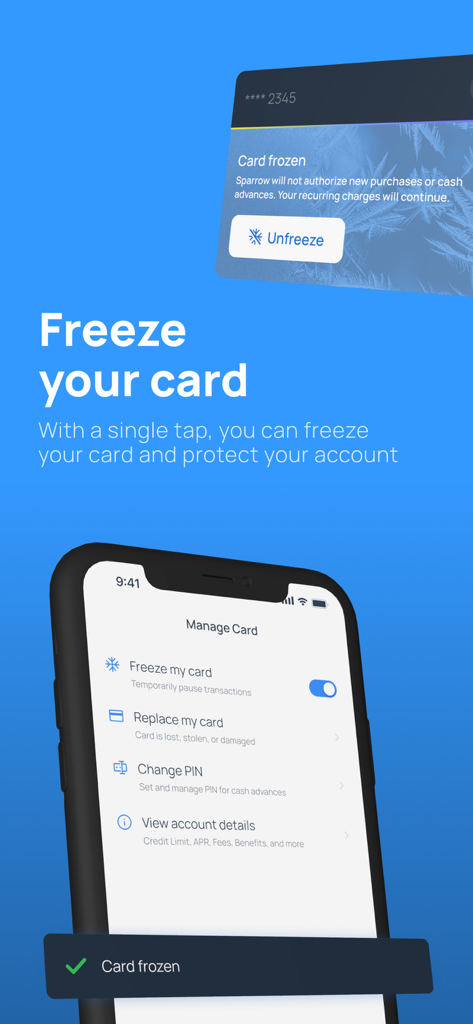 Mobile interface of the Sparrow Card app showing the freeze card security feature
