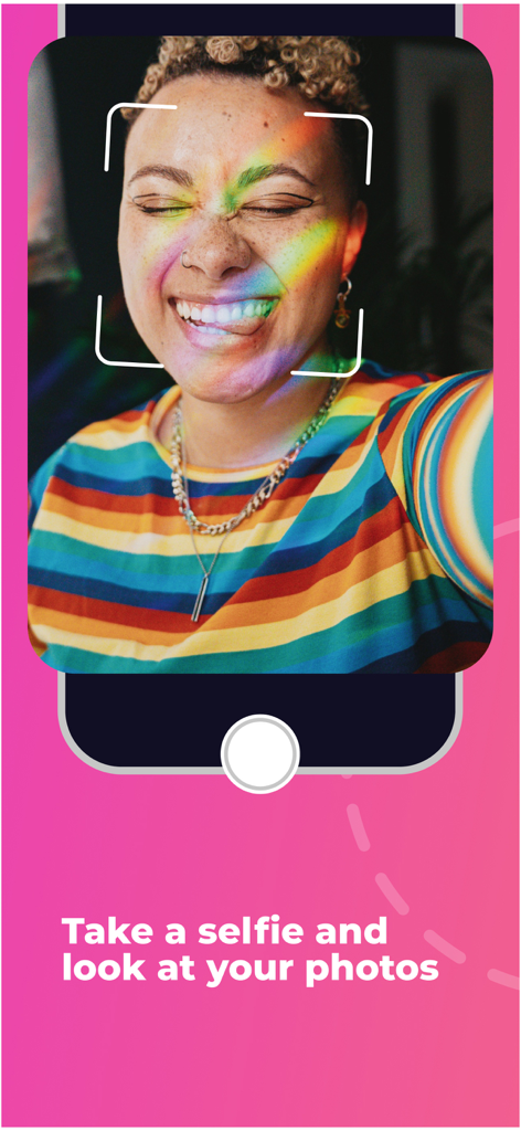 getpica.com - A woman taking a selfie in the GetPica app to find her professional event photos using AI recognition.