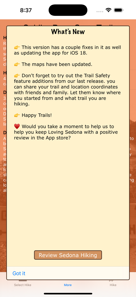 The What's New popup in the Sedona Hiking app showing updates for iOS 18 and map improvements.