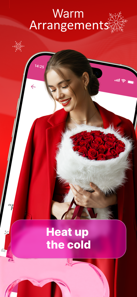 A woman in a red coat holding a large bouquet of red roses for winter delivery