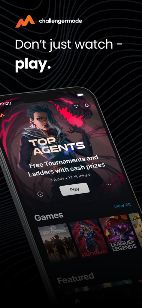Challengermode - Challengermode app interface showing free esports tournaments with cash prizes and game selection