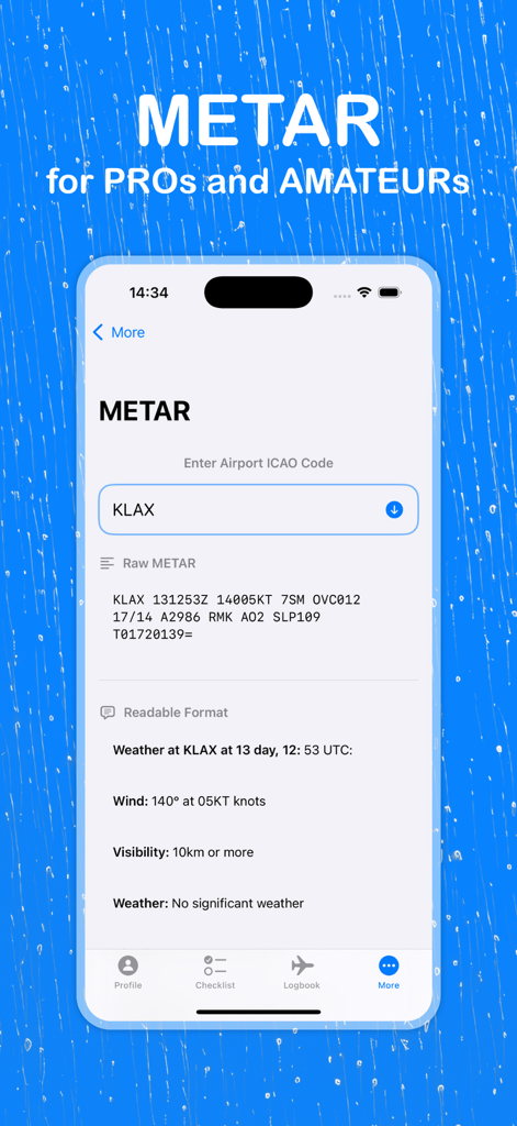 A320 Checklist Pro Assistant app displaying a decoded METAR weather report for KLAX airport