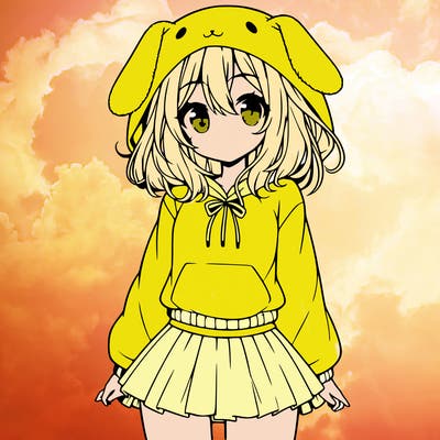 pretty anime girl wearing a fluffy hoodie with bunny ears on the hood and a skirt