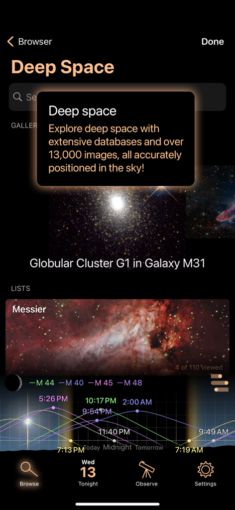 Luminos Pro - Luminos Proアプリのインターフェースには、球状星団と天文観測チャートを備えた深宇宙ブラウザが表示されています