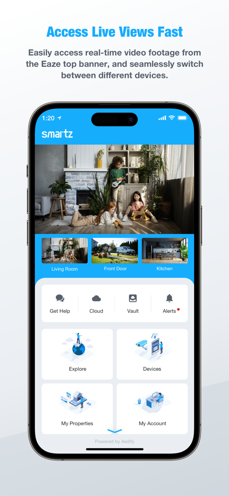 Smartz Eaze - Smartz Eaze app interface showing real-time camera feeds from a living room, front door, and kitchen.