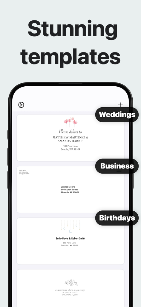Envelope Printer Labels - Modelos de design de envelopes para casamentos, negócios e aniversários mostrados no aplicativo