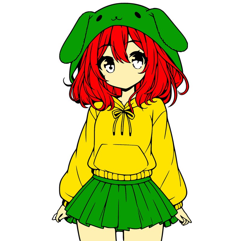 pretty anime girl wearing a fluffy hoodie with bunny ears on the hood and a skirt