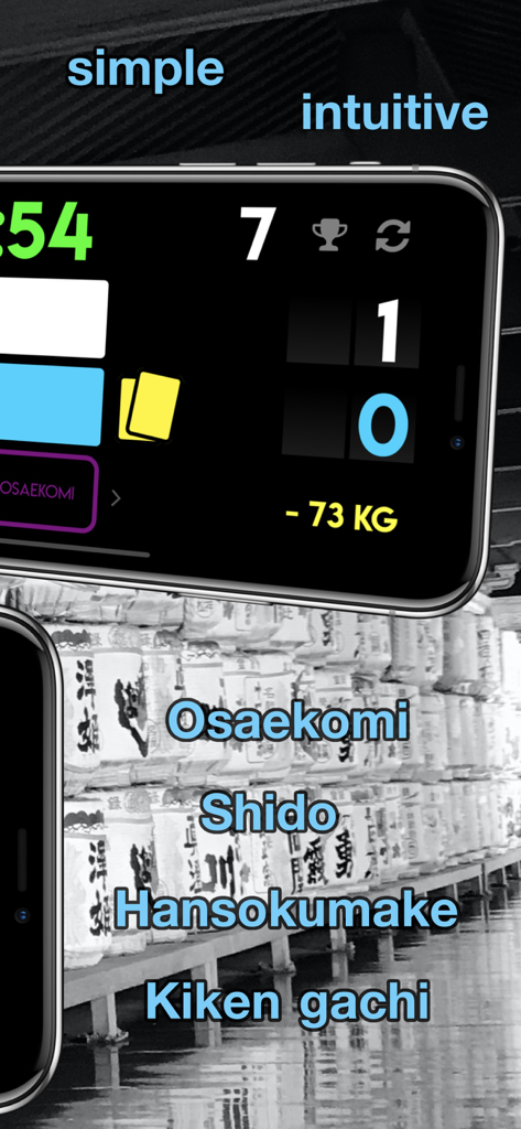 Judo Score - Smartphone screen displaying the Judo Score app interface with match timer points and referee technical terms